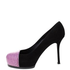 Saint Laurent Paris Black Suede And Pink Croc Embossed Leather Tribtoo Platform