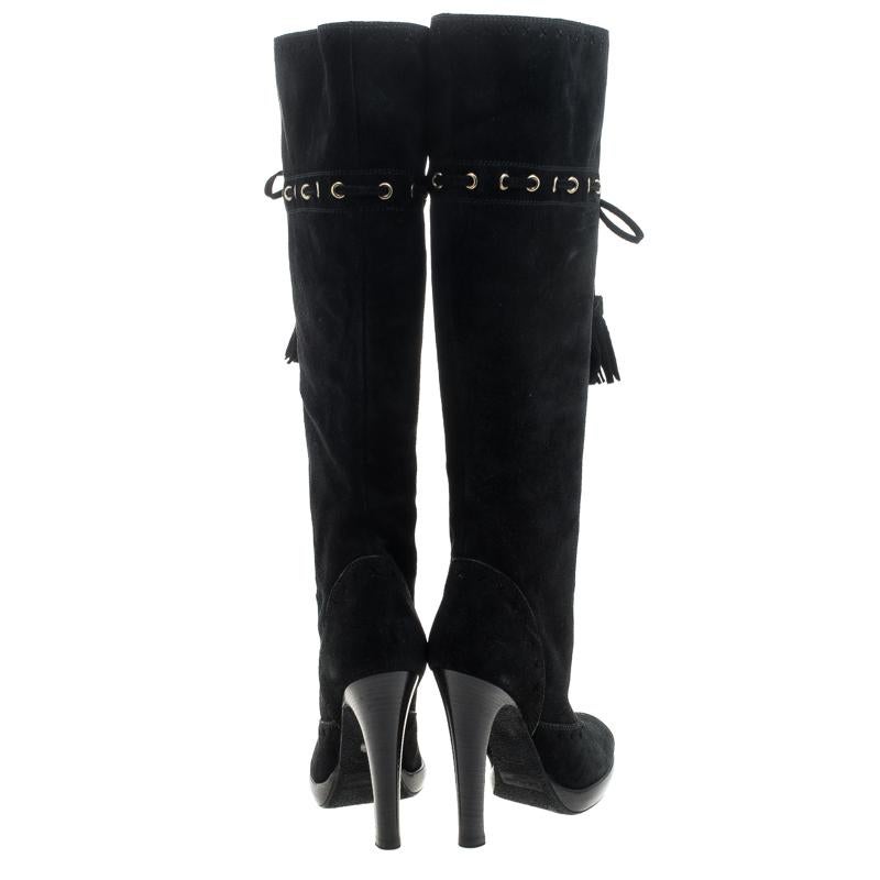 Saint Laurent Paris Black Suede Chelsea Tassel Knee Boots Size 36 1