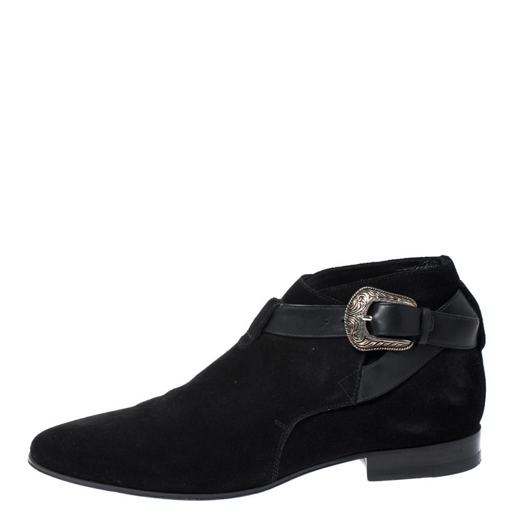 Women's Saint Laurent Paris Black Suede Engraved Buckle Ankle Boots Size 41
