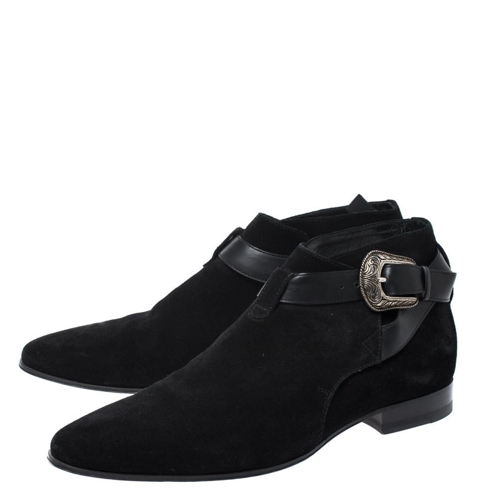 Saint Laurent Paris Black Suede Engraved Buckle Ankle Boots Size 41 2