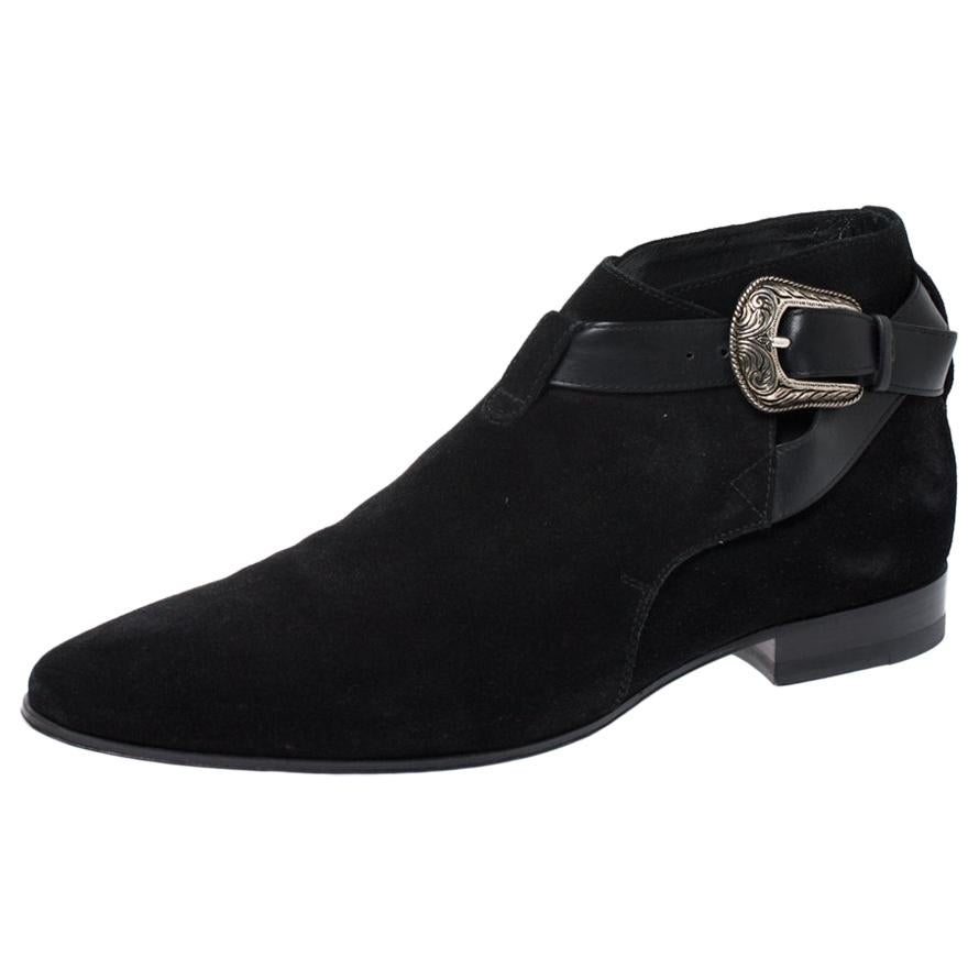 Saint Laurent Paris Black Suede Engraved Buckle Ankle Boots Size 41