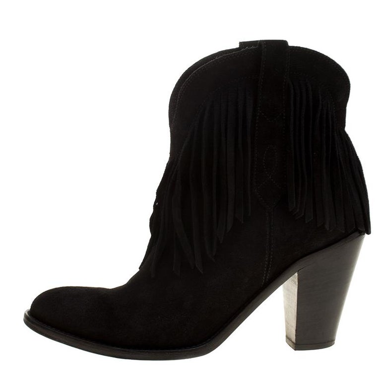 Saint Laurent Paris Black Suede Fringe New Western Boots Size 37 For ...