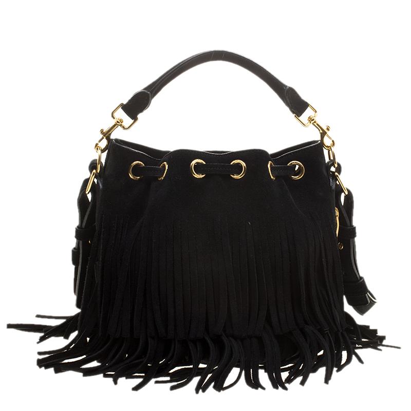 Carry your daily essentials in a smart and trendy way! Add this chic bucket bag from Yves Saint Laurent to your wardrobe for a classy touch. Featuring a chic fringe detail this black suede constructed bag is the perfect addition for a stylish and