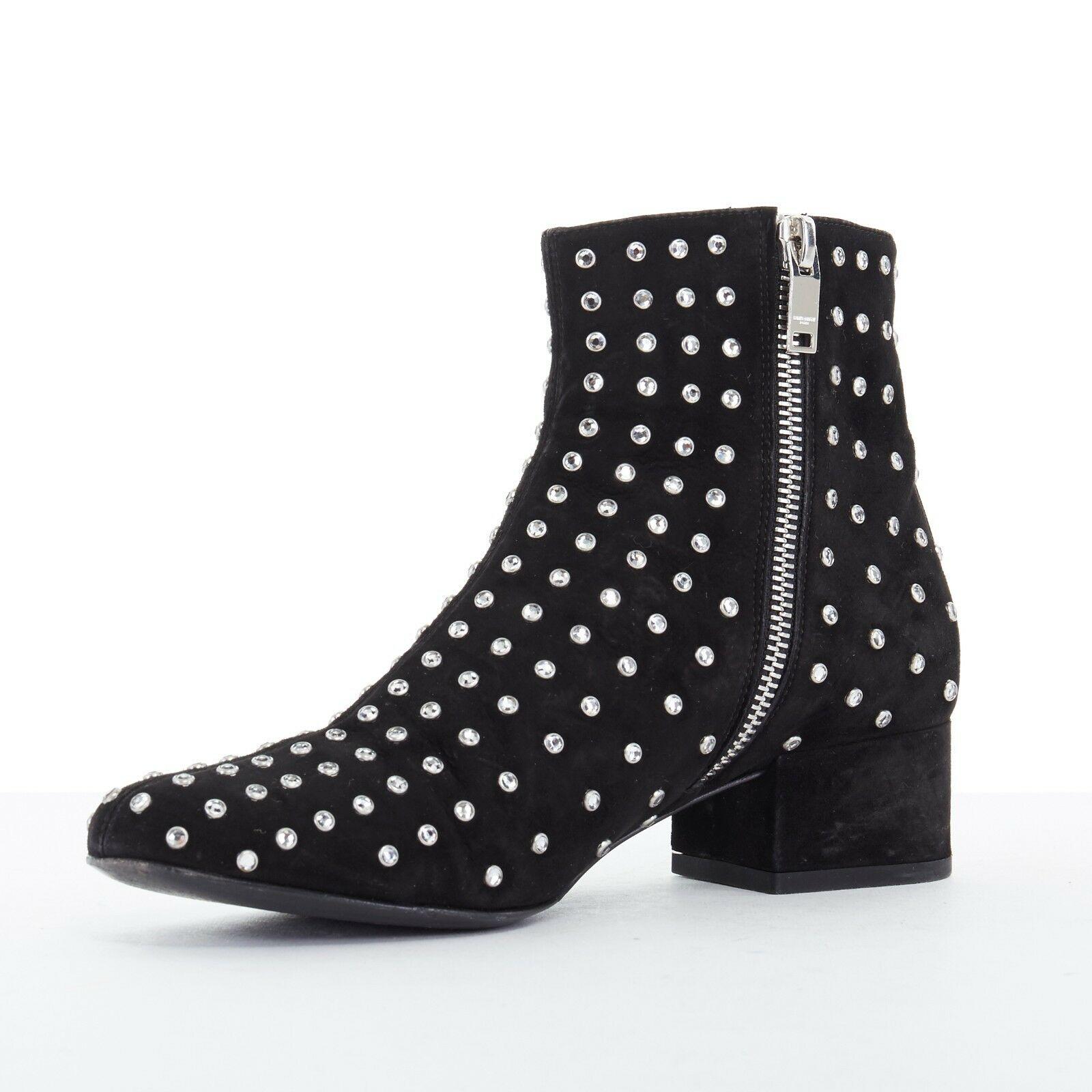 Women's SAINT LAURENT PARIS black suede strass crystal embellished ankle boot shoe EU35 For Sale