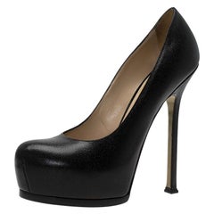 Saint Laurent Paris Black Textured Leather Tribute Pumps Size 38.5