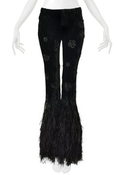 Saint Laurent Paris Black Velvet And Feather Flare Pants With Intricate Beading