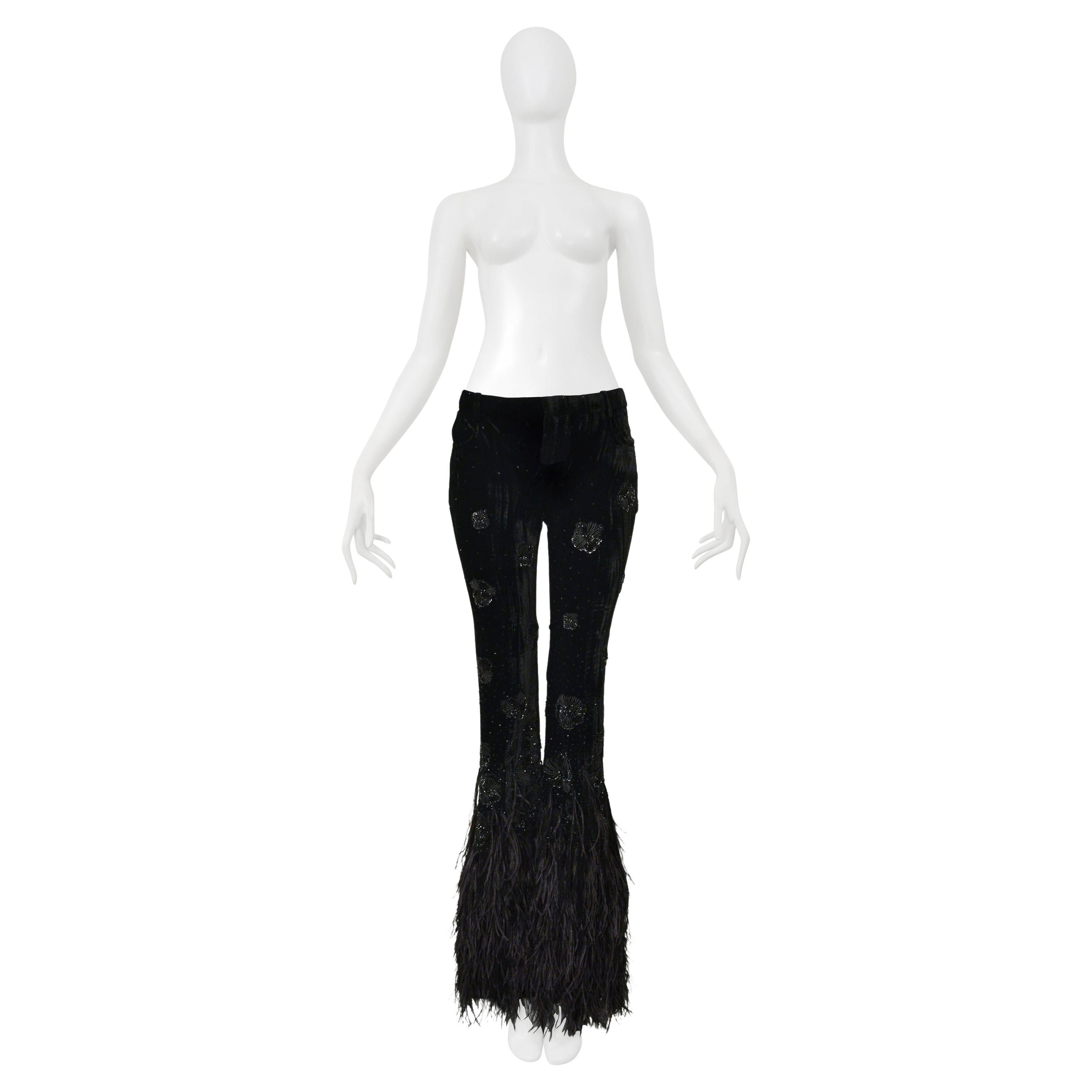 Saint Laurent Paris Black Velvet And Feather Flare Pants With Intricate Beading For Sale