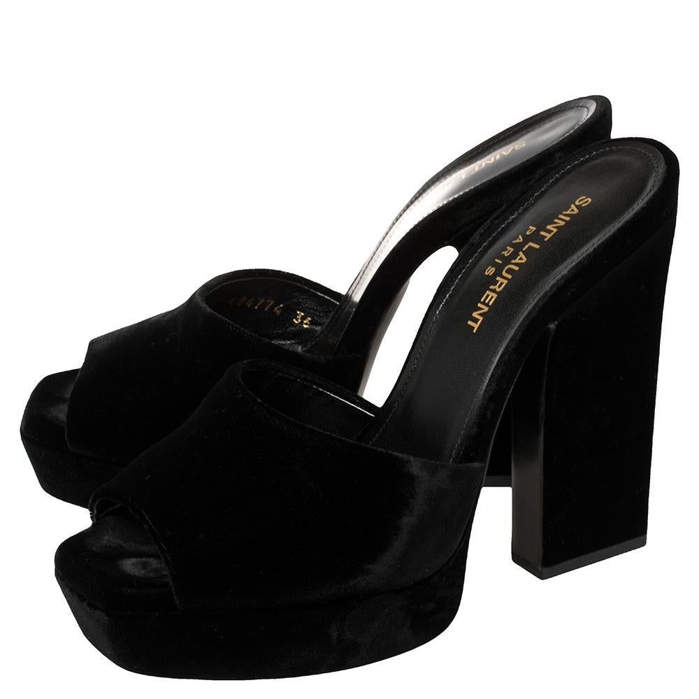 Saint Laurent Paris Black Velvet Debbie Platform Sandals Size 36 3