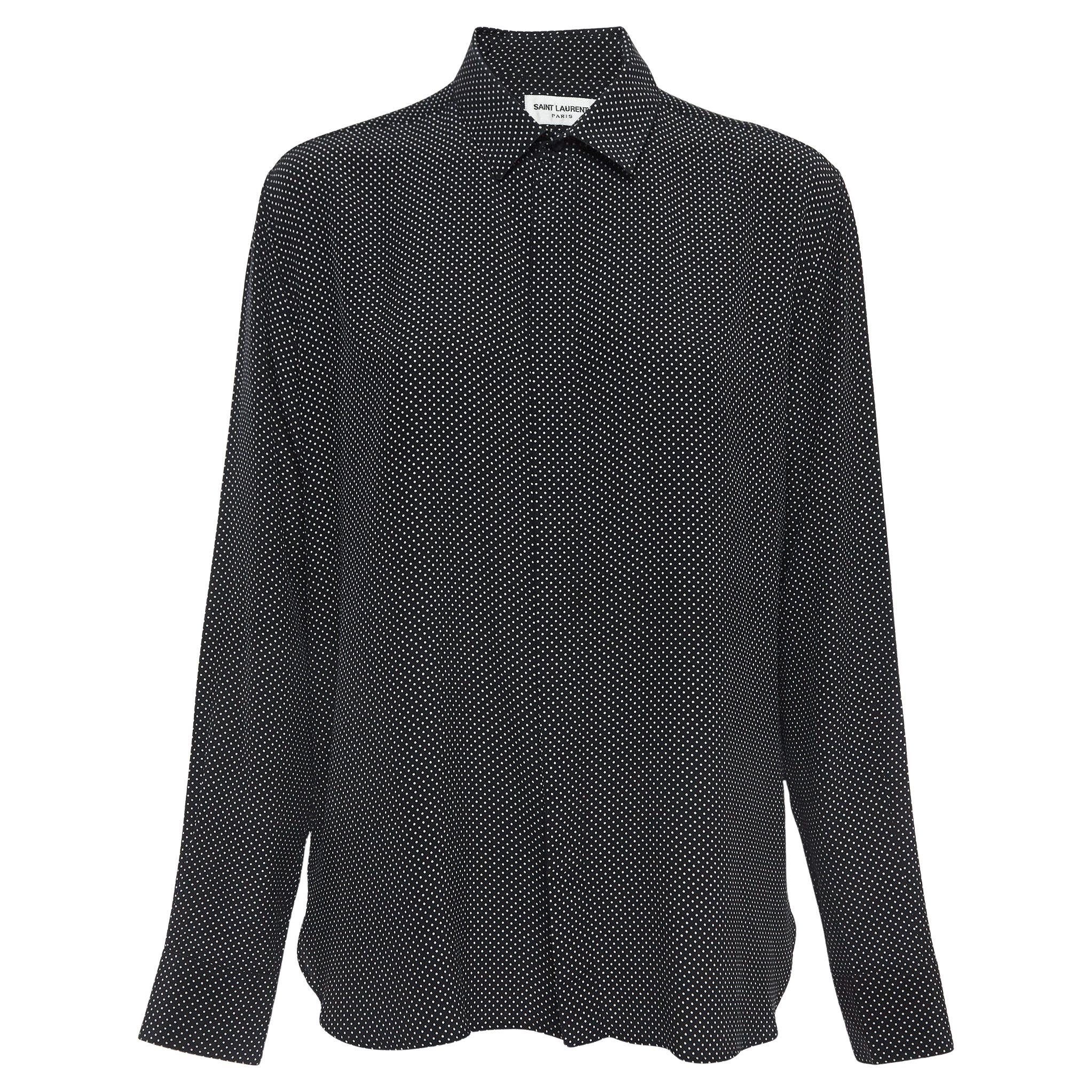 Saint Laurent Paris Black/White Polka Dots Silk Button Down Shirt M For Sale