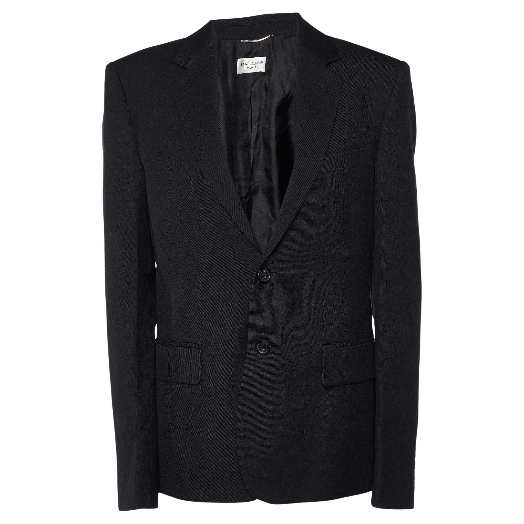 Saint Laurent Paris Black Wool Gabardine Single Breasted Jacket L For Sale