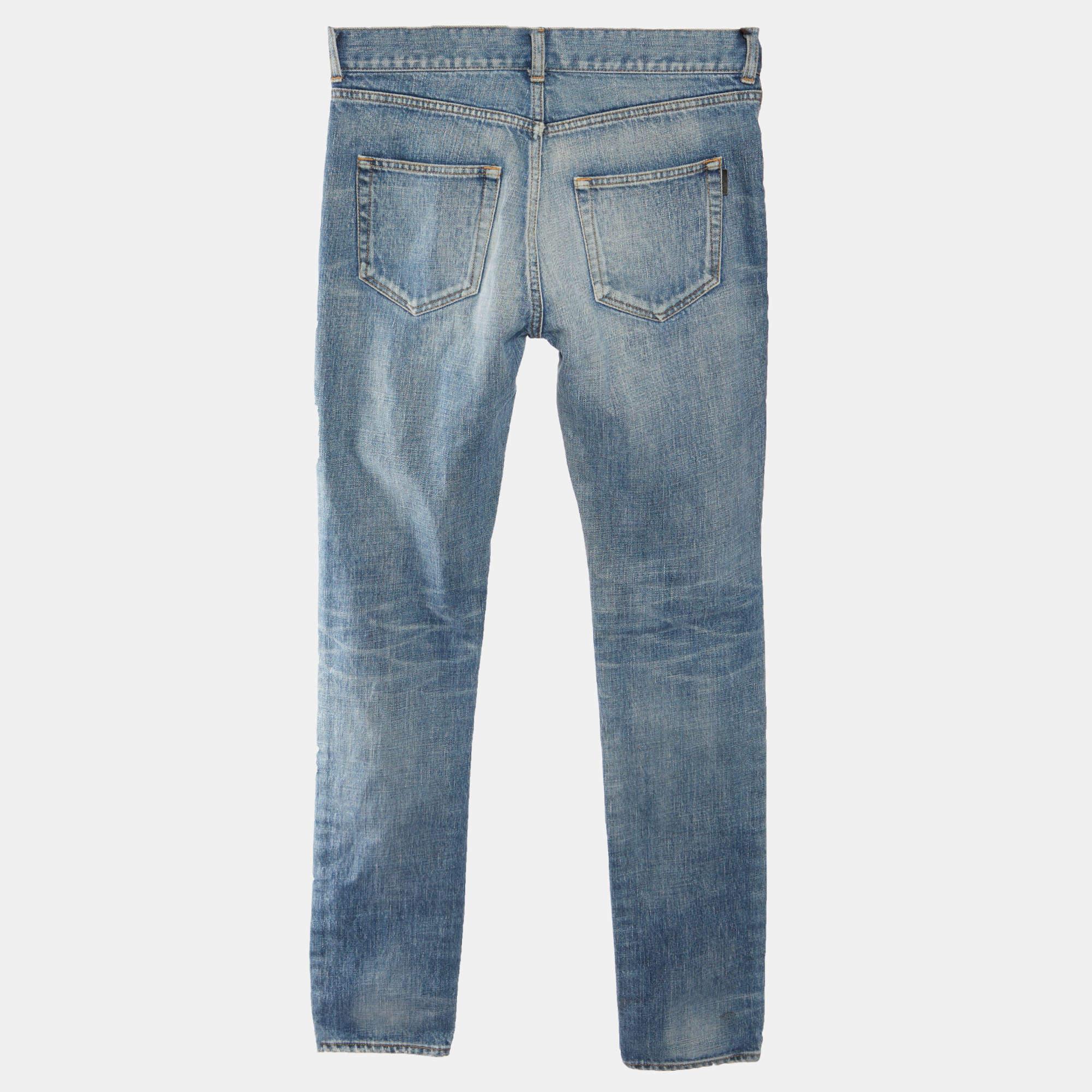 Gray Saint Laurent Paris Blue Denim Distressed Skinny Jeans S/Waist 31