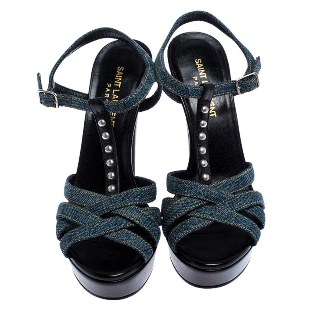 Black Saint Laurent Paris Blue Denim Tribute Platform Sandals Size 37