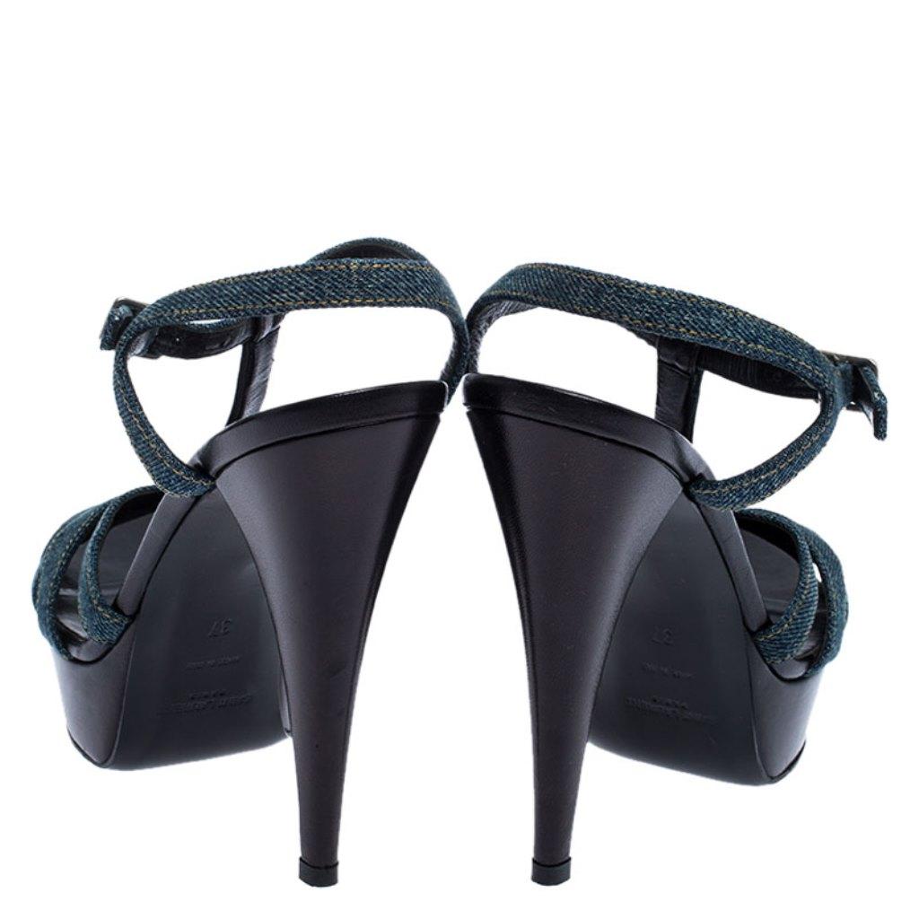 Women's Saint Laurent Paris Blue Denim Tribute Platform Sandals Size 37