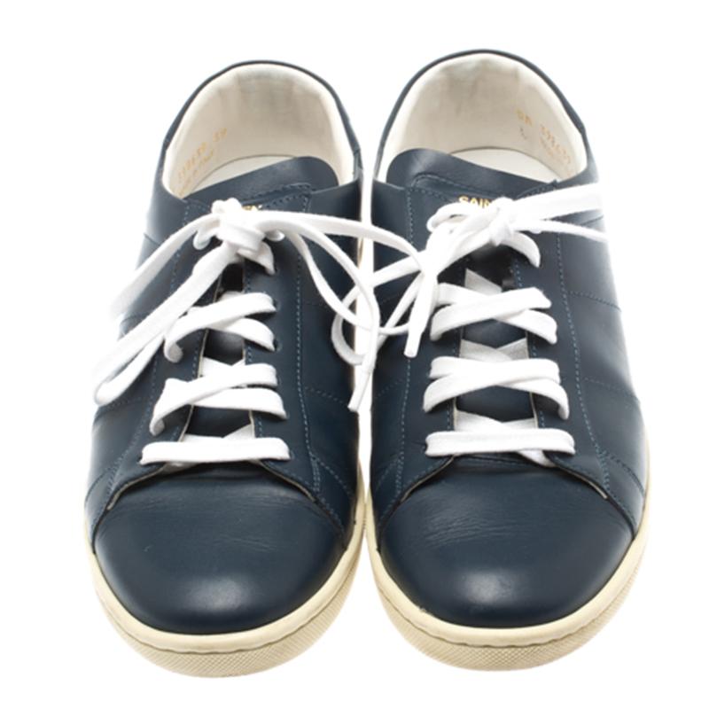Gray Saint Laurent Paris Blue Leather Low Top Sneakers Size 39