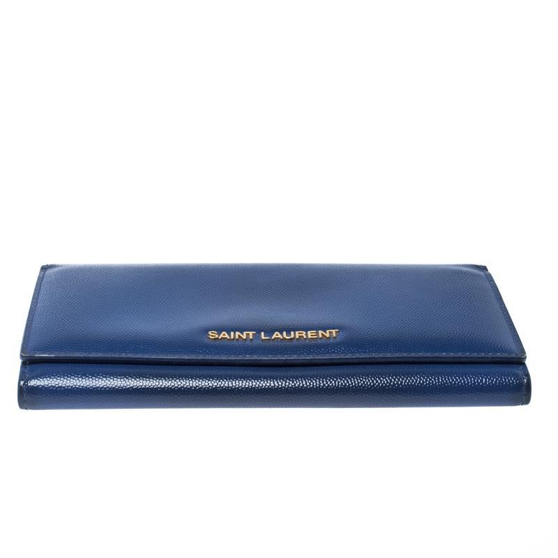 Saint Laurent Paris Blue Leather Marquage Continental Flap Wallet In Good Condition In Dubai, Al Qouz 2