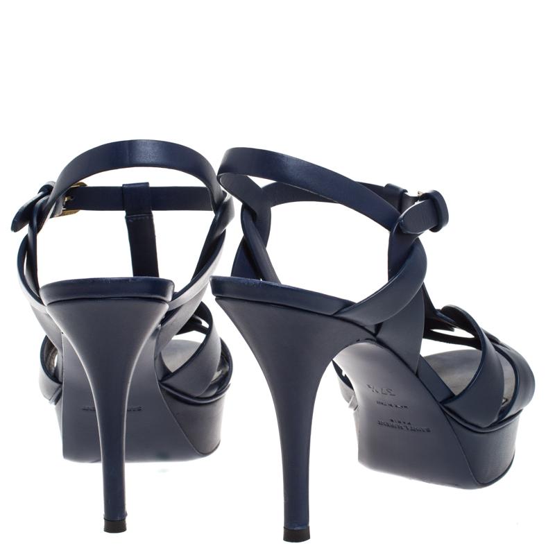Saint Laurent Paris Blue Leather Tribute Platform Sandals Size 37.5 In Good Condition In Dubai, Al Qouz 2