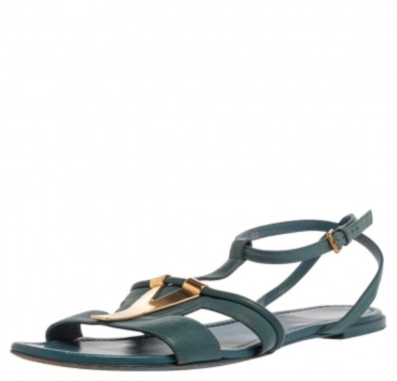 Gray Saint Laurent Paris Blue Leather Ycon Ankle Strap Flats Size 38 For Sale