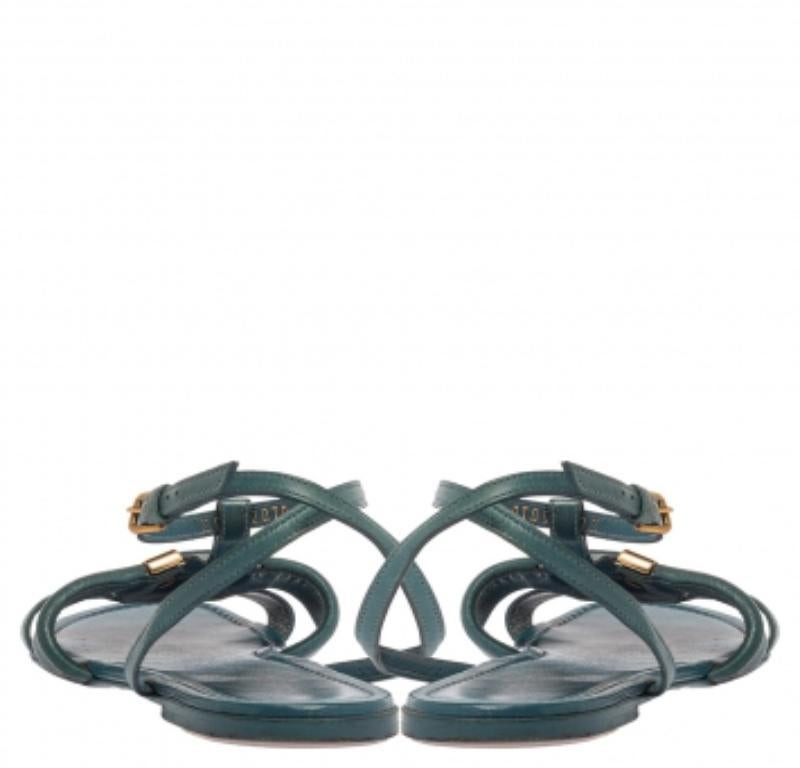 Saint Laurent Paris Blue Leather Ycon Ankle Strap Flats Size 38 In Fair Condition For Sale In Dubai, Al Qouz 2