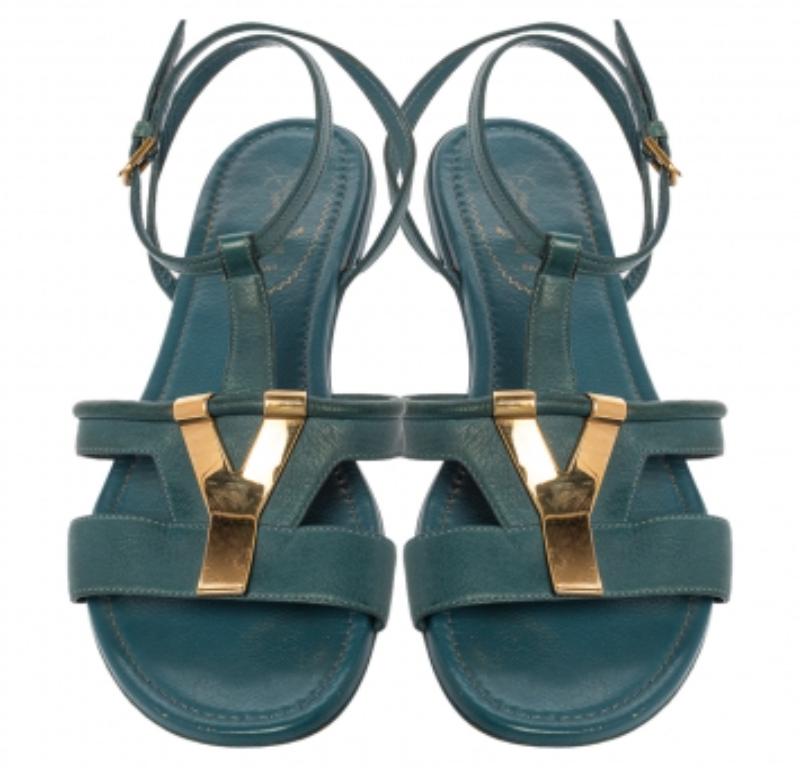 Women's Saint Laurent Paris Blue Leather Ycon Ankle Strap Flats Size 38 For Sale