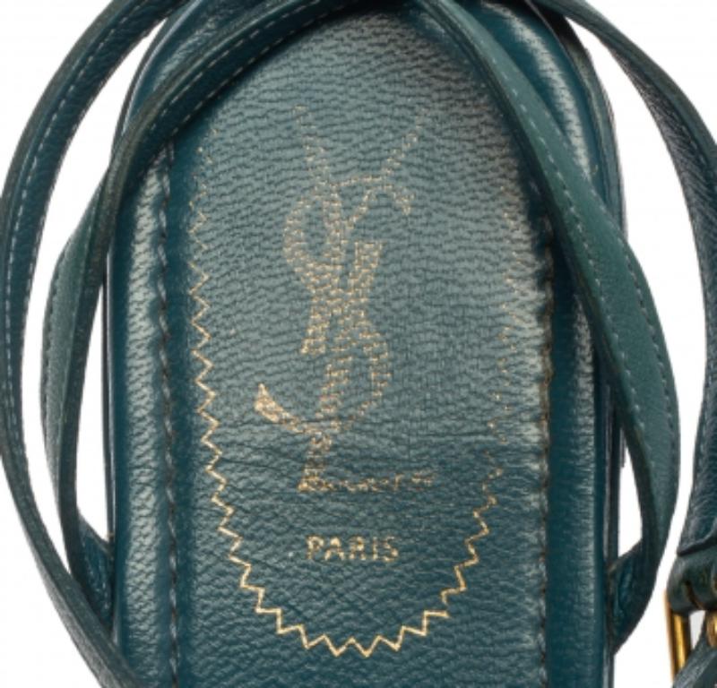 Saint Laurent Paris Blue Leather Ycon Ankle Strap Flats Size 38 For Sale 1