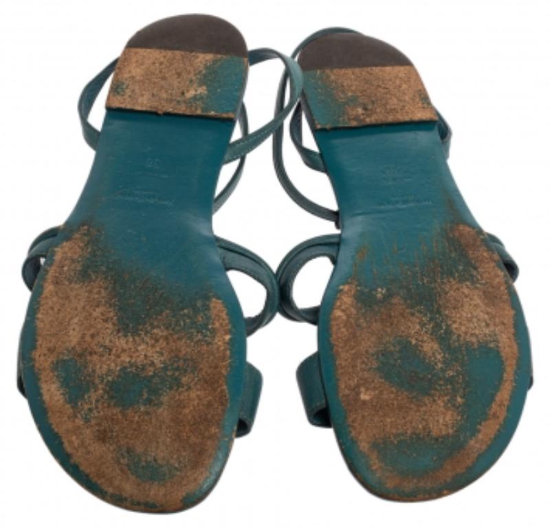 Saint Laurent Paris Blue Leather Ycon Ankle Strap Flats Size 38 For Sale 2