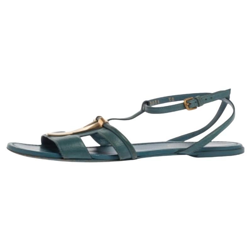 Saint Laurent Paris Blue Leather Ycon Ankle Strap Flats Size 38 For Sale