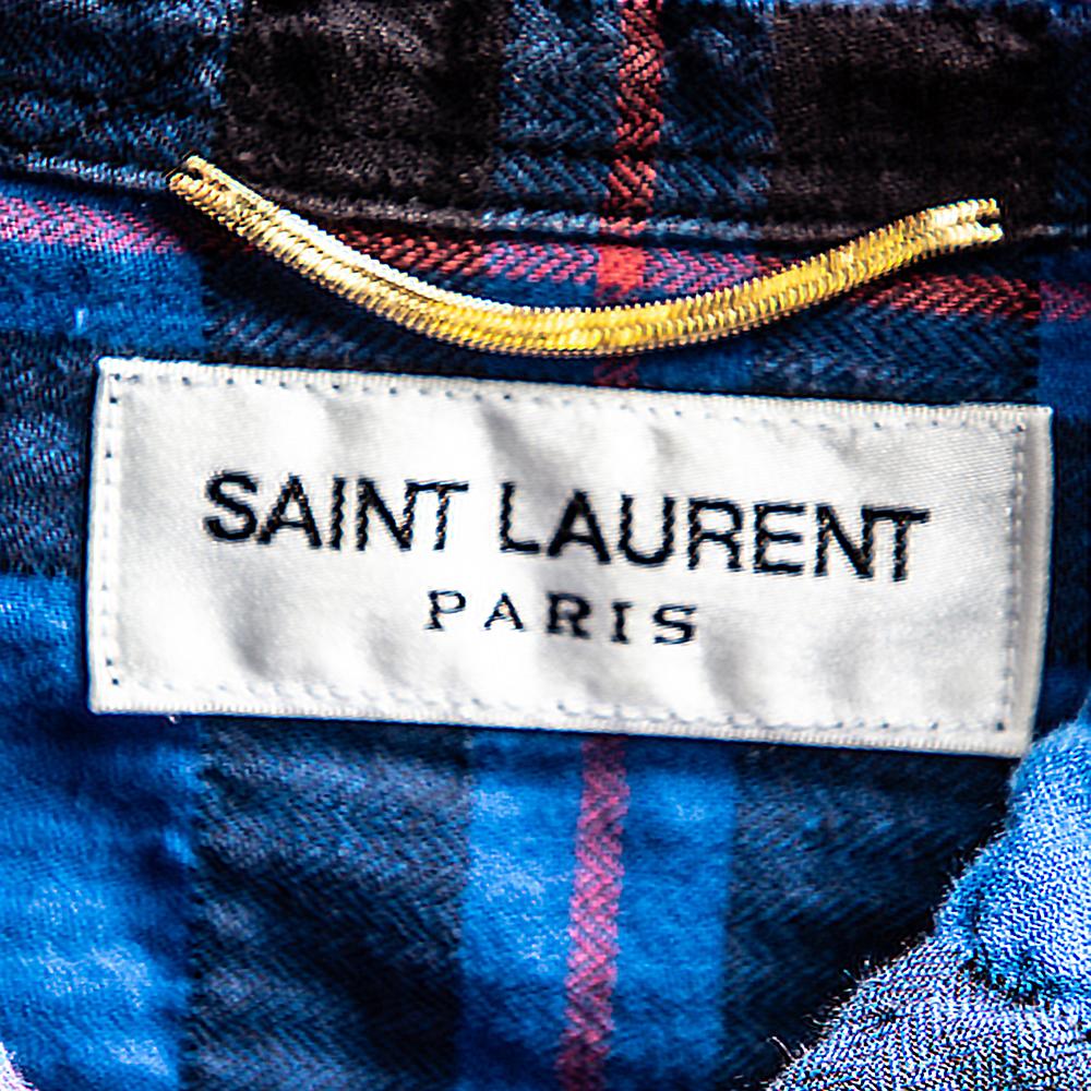 Saint Laurent Paris Blue Ombre Checkered Flannel Button Front Long Shirt M In Good Condition In Dubai, Al Qouz 2