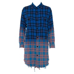 Saint Laurent Paris Blue Ombre Checkered Flannel Button Front Long Shirt M