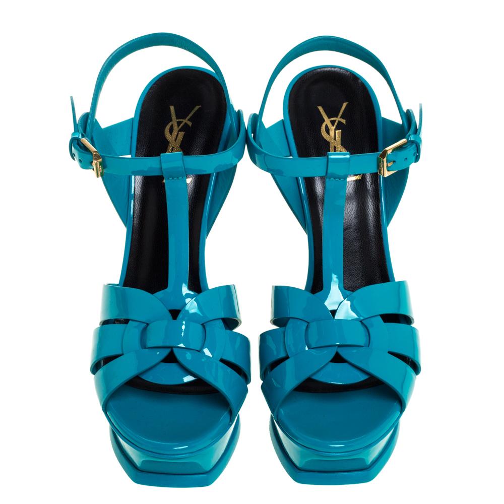 Saint Laurent Paris Blue Patent Leather Tribute Ankle Strap Sandals Size 38 In New Condition In Dubai, Al Qouz 2