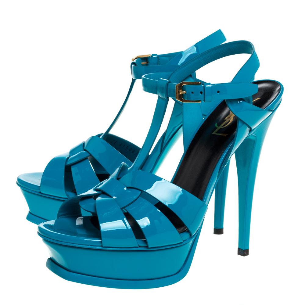 Saint Laurent Paris Blue Patent Leather Tribute Ankle Strap Sandals Size 38 1