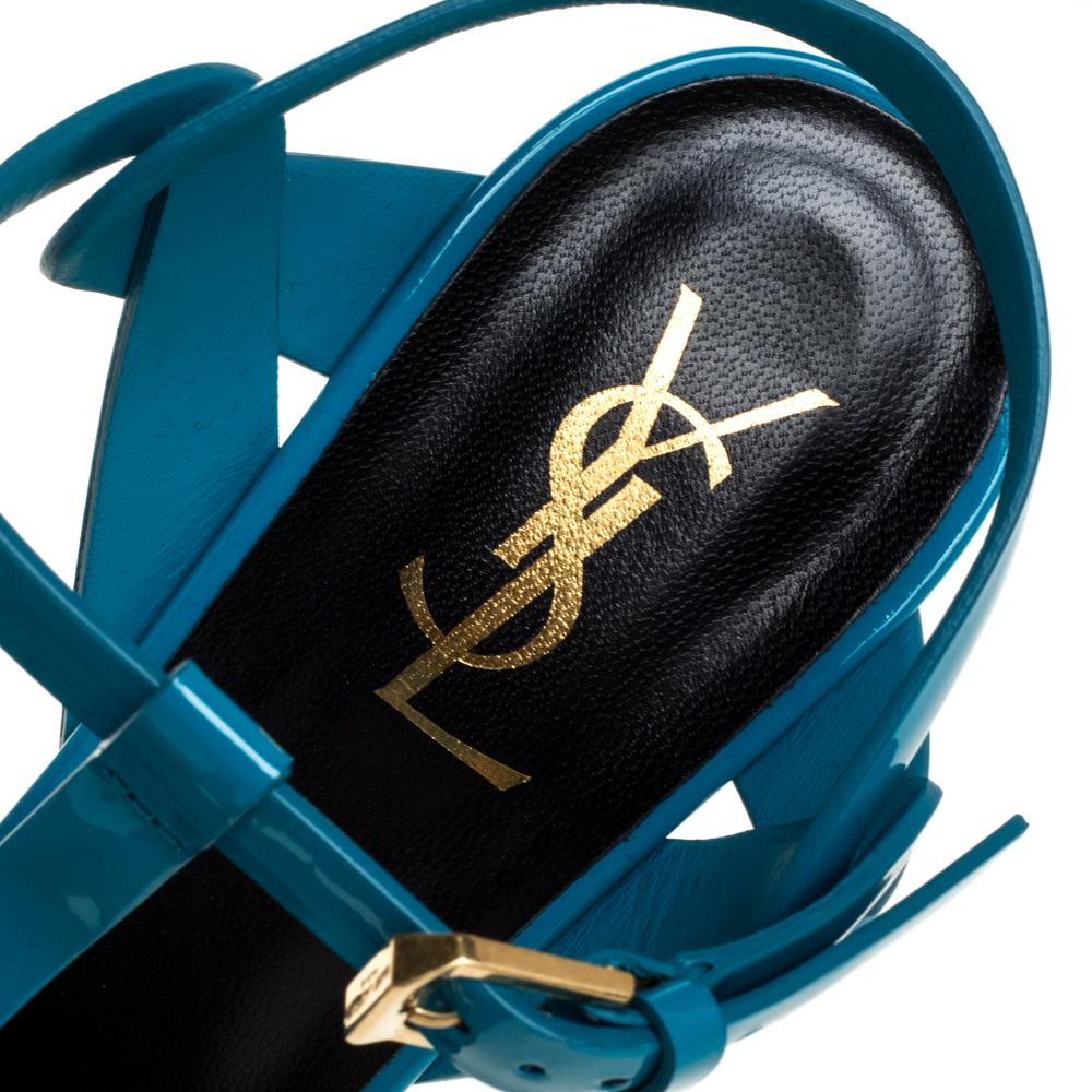 Saint Laurent Paris Blue Patent Leather Tribute Ankle Strap Sandals Size 38 2