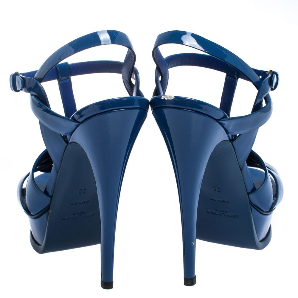 Women's Saint Laurent Paris Blue Patent Leather Tribute Platform Sandals Size 38