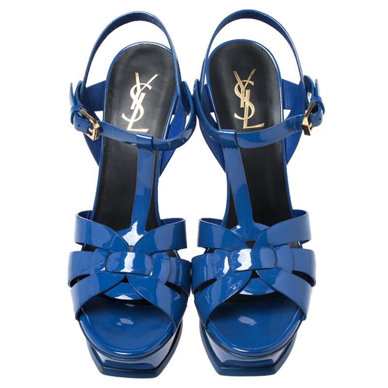 Saint Laurent Paris Blue Patent Leather Tribute Platform Sandals Size 39.5 In Good Condition In Dubai, Al Qouz 2