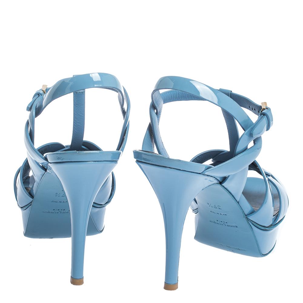 Saint Laurent Paris Blue Patent Leather Tribute Platform Sandals Size 39.5 In Good Condition In Dubai, Al Qouz 2