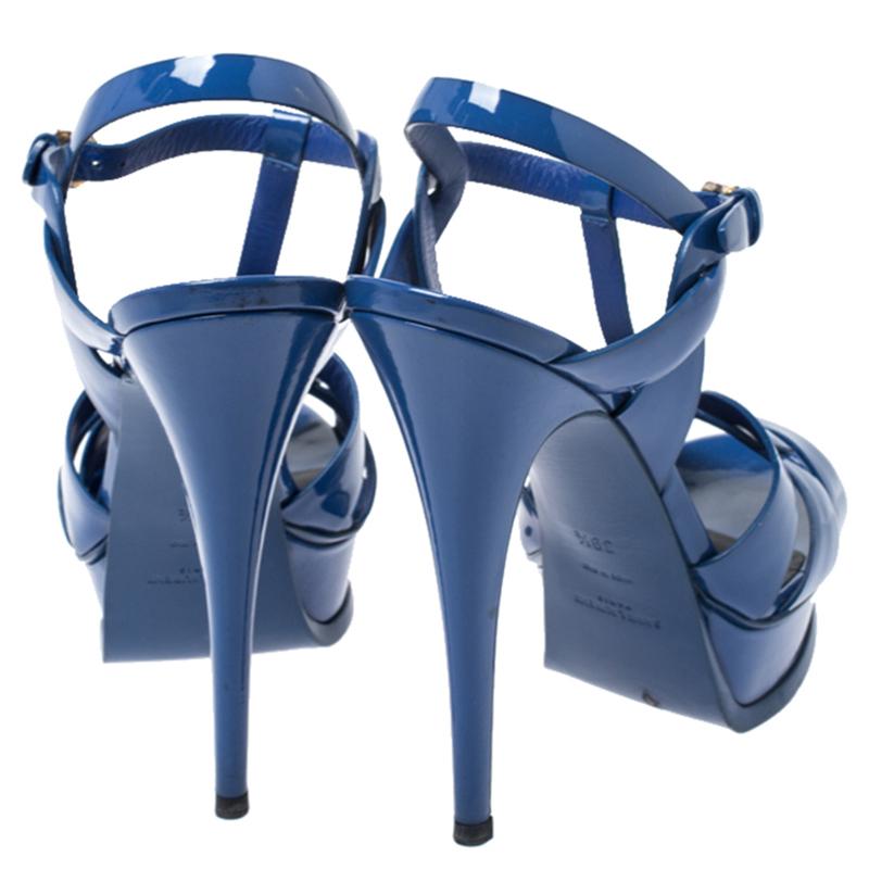 Women's Saint Laurent Paris Blue Patent Leather Tribute Platform Sandals Size 39.5