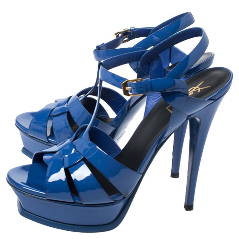 Saint Laurent Paris Blue Patent Leather Tribute Platform Sandals Size 39.5 1