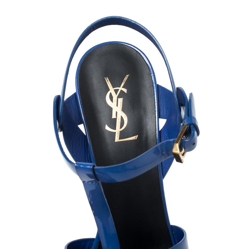 Saint Laurent Paris Blue Patent Leather Tribute Platform Sandals Size 39.5 2
