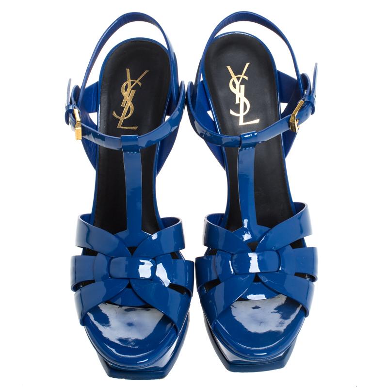 Saint Laurent Paris Blue Patent Leather Tribute Platform Sandals Size 40 In Good Condition In Dubai, Al Qouz 2