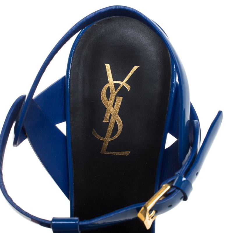 Saint Laurent Paris Blue Patent Leather Tribute Platform Sandals Size 40 1