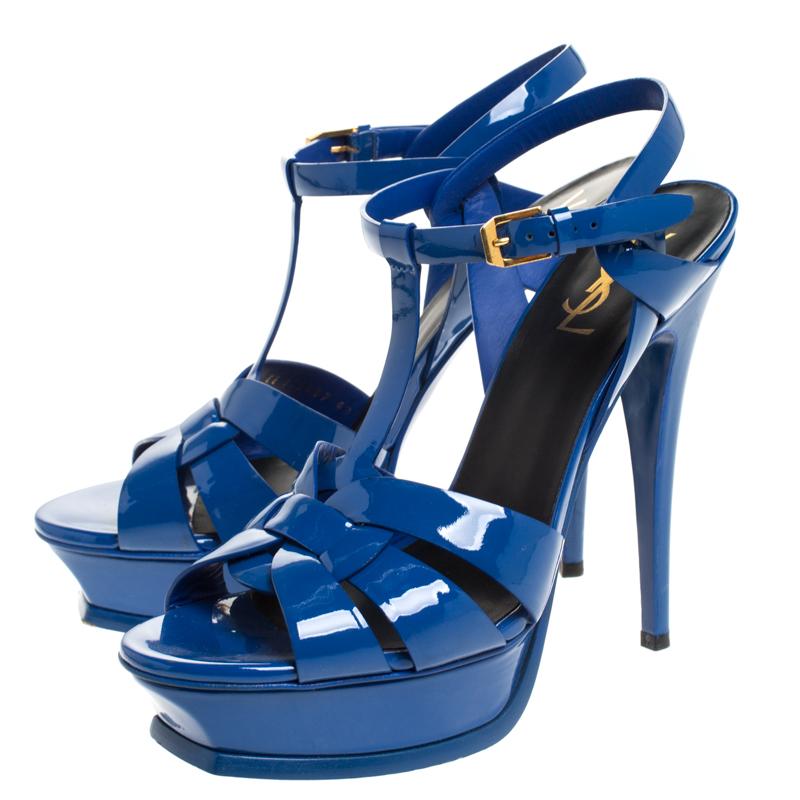 Saint Laurent Paris Blue Patent Leather Tribute Platform Sandals Size 40 3