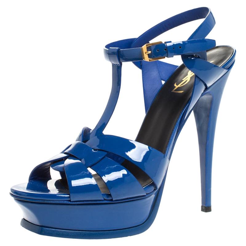 Saint Laurent Paris Blue Patent Leather Tribute Platform Sandals Size 40