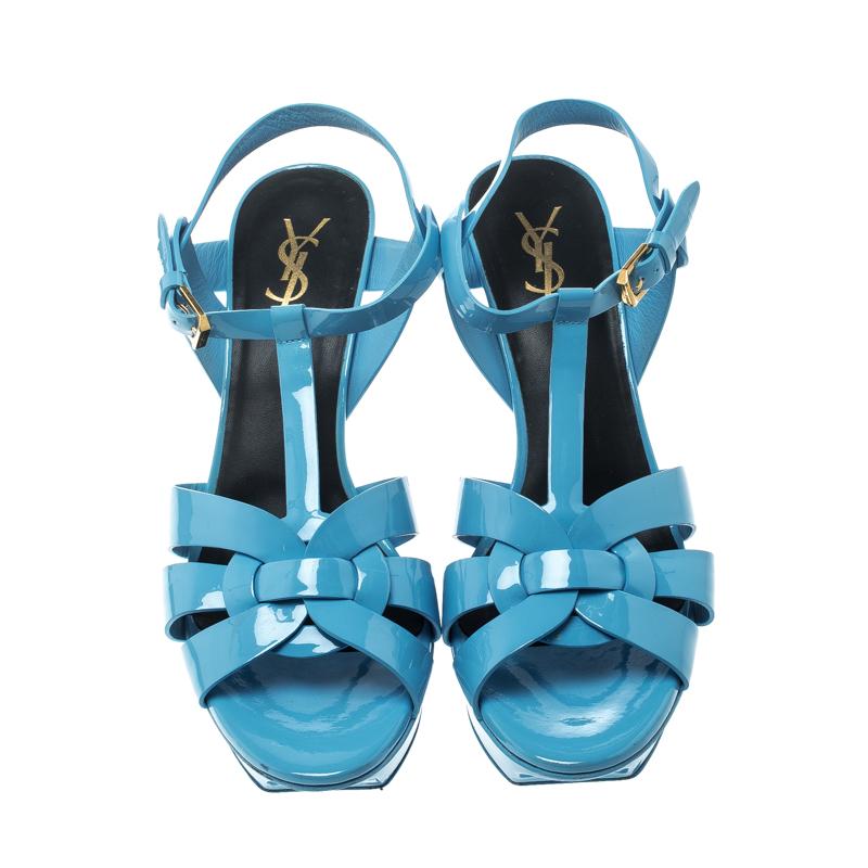 Saint Laurent Paris Blue Patent Leather Tribute Platform Sandals Size 41 In Good Condition In Dubai, Al Qouz 2