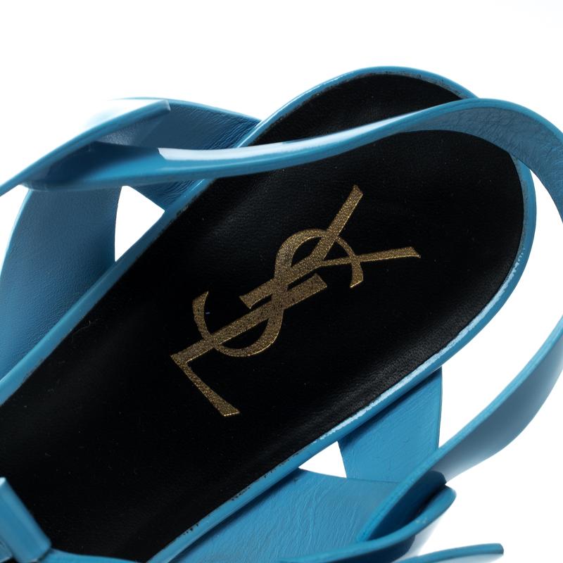 Saint Laurent Paris Blue Patent Leather Tribute Platform Sandals Size 41 2