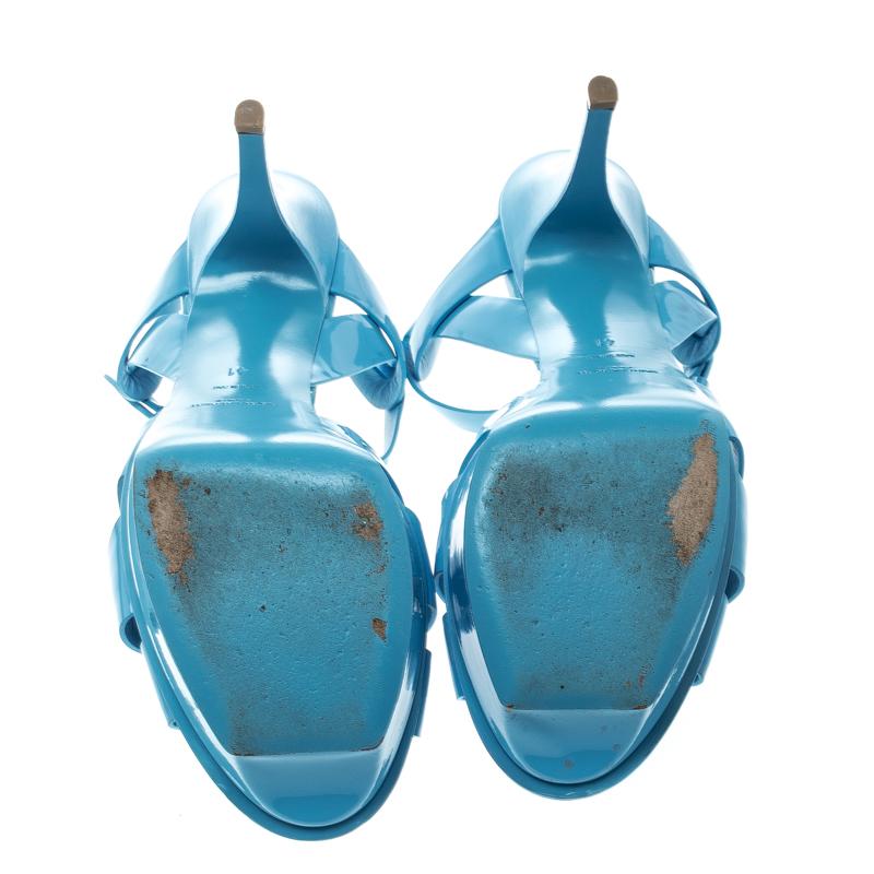 Saint Laurent Paris Blue Patent Leather Tribute Platform Sandals Size 41 3
