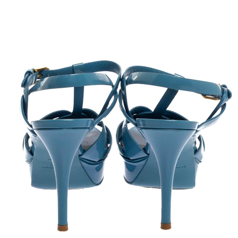 Saint Laurent Paris Blue Patent Leather Tribute Sandals Size 38 In Good Condition In Dubai, Al Qouz 2