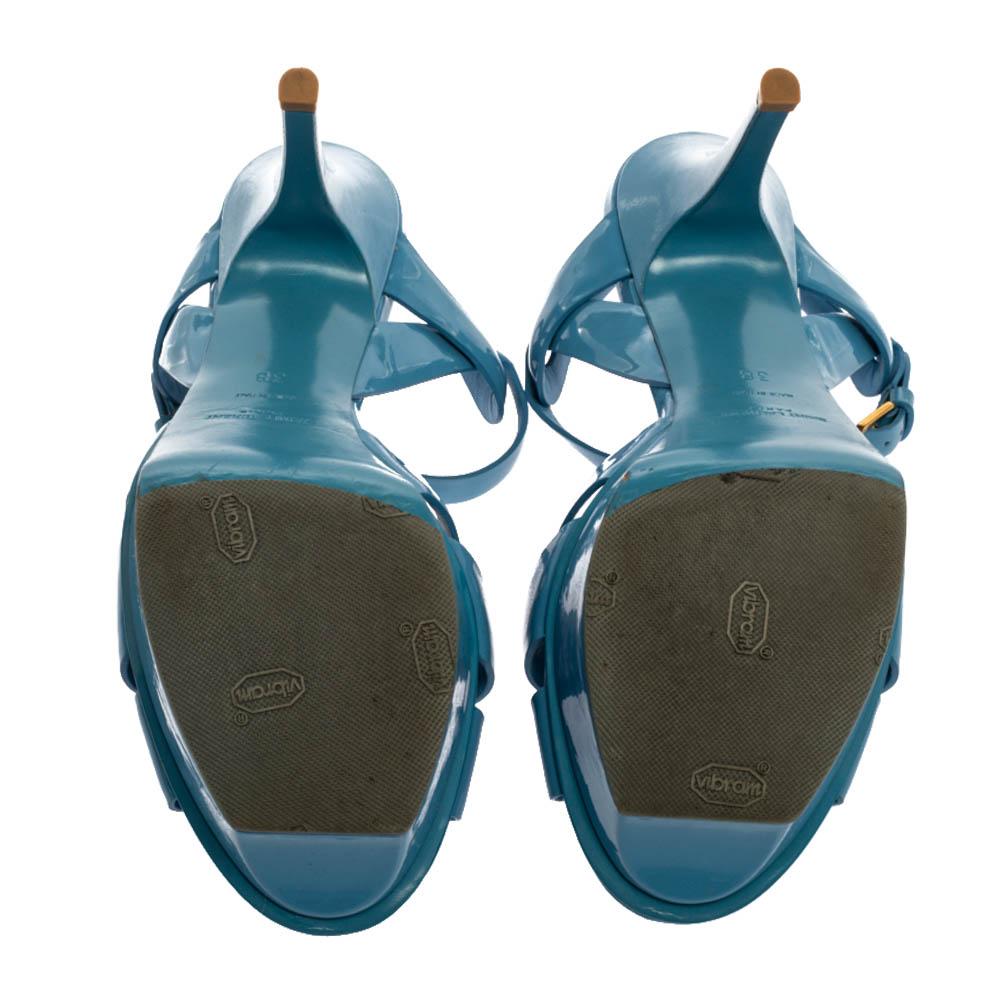 Women's Saint Laurent Paris Blue Patent Leather Tribute Sandals Size 38