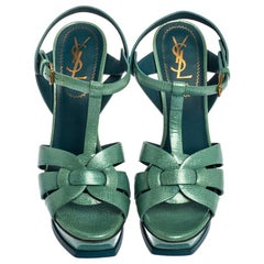 Saint Laurent Paris Blue Textured Patent Leather Tribute Sandals Size 37.5