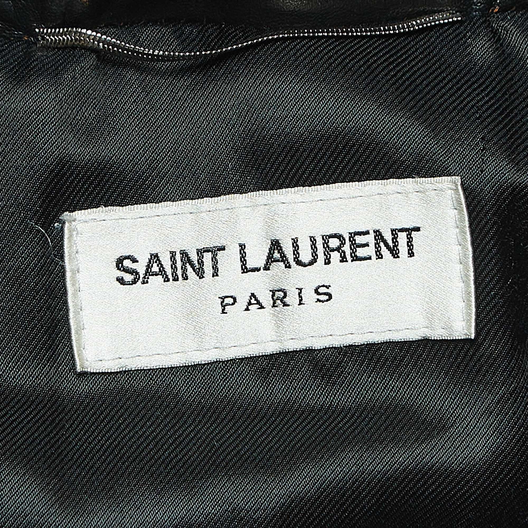 Saint Laurent Paris Brown Brown Applique Detail Leather Jacket XL Pour hommes en vente