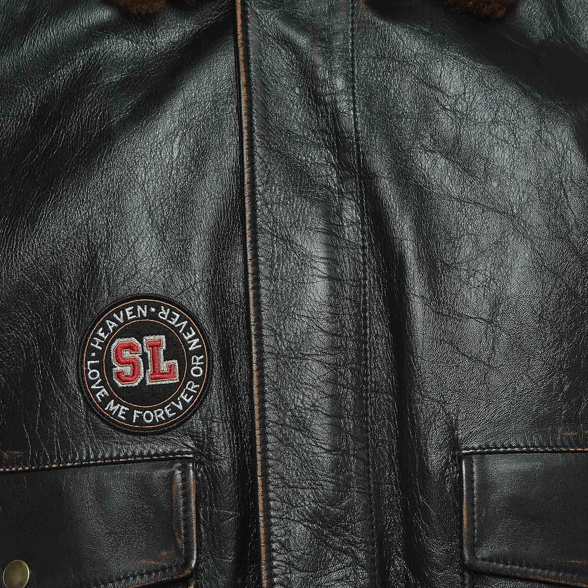 Saint Laurent Paris Brown Applique Detail Leather Jacket XL For Sale 2