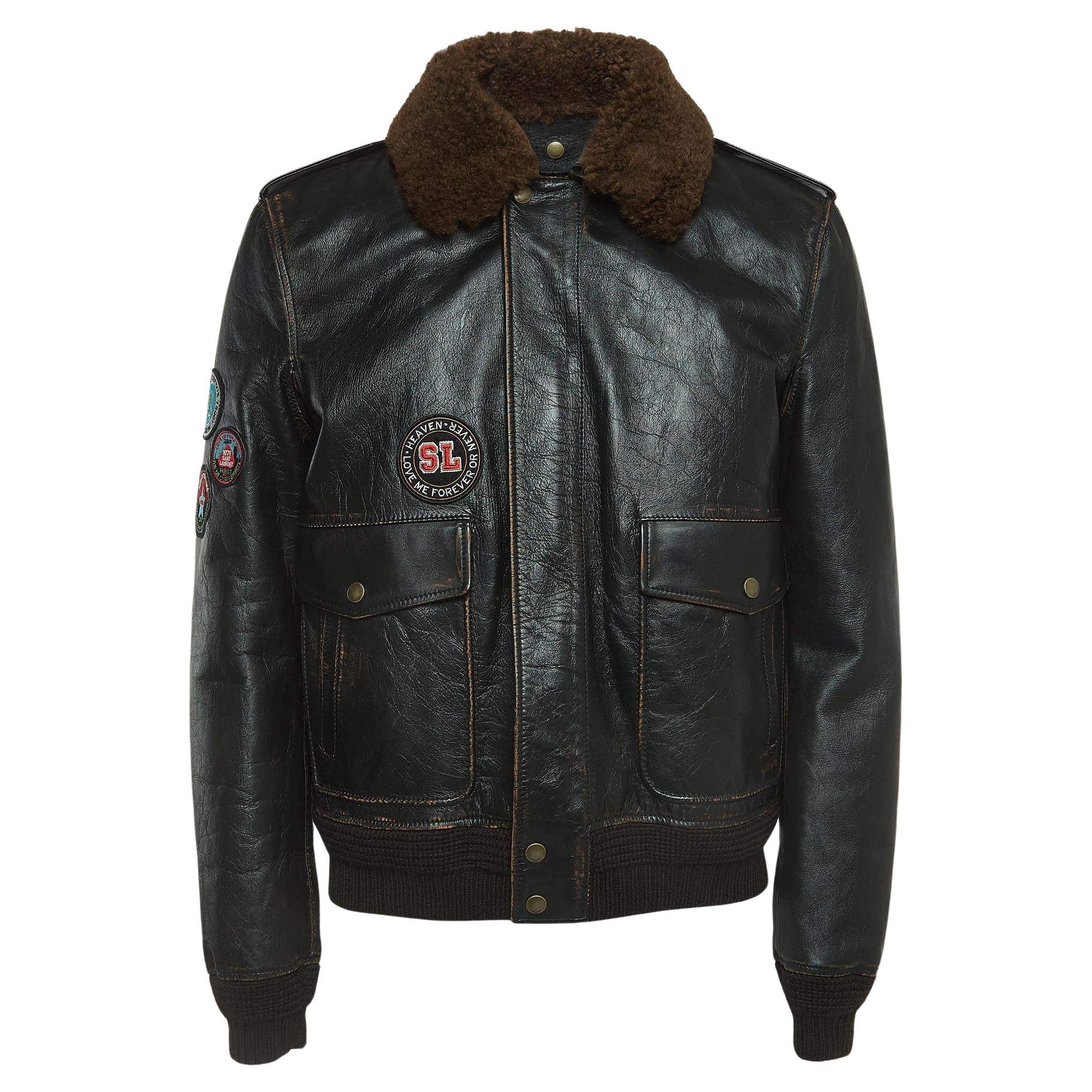 Saint Laurent Paris Brown Applique Detail Leather Jacket XL For Sale